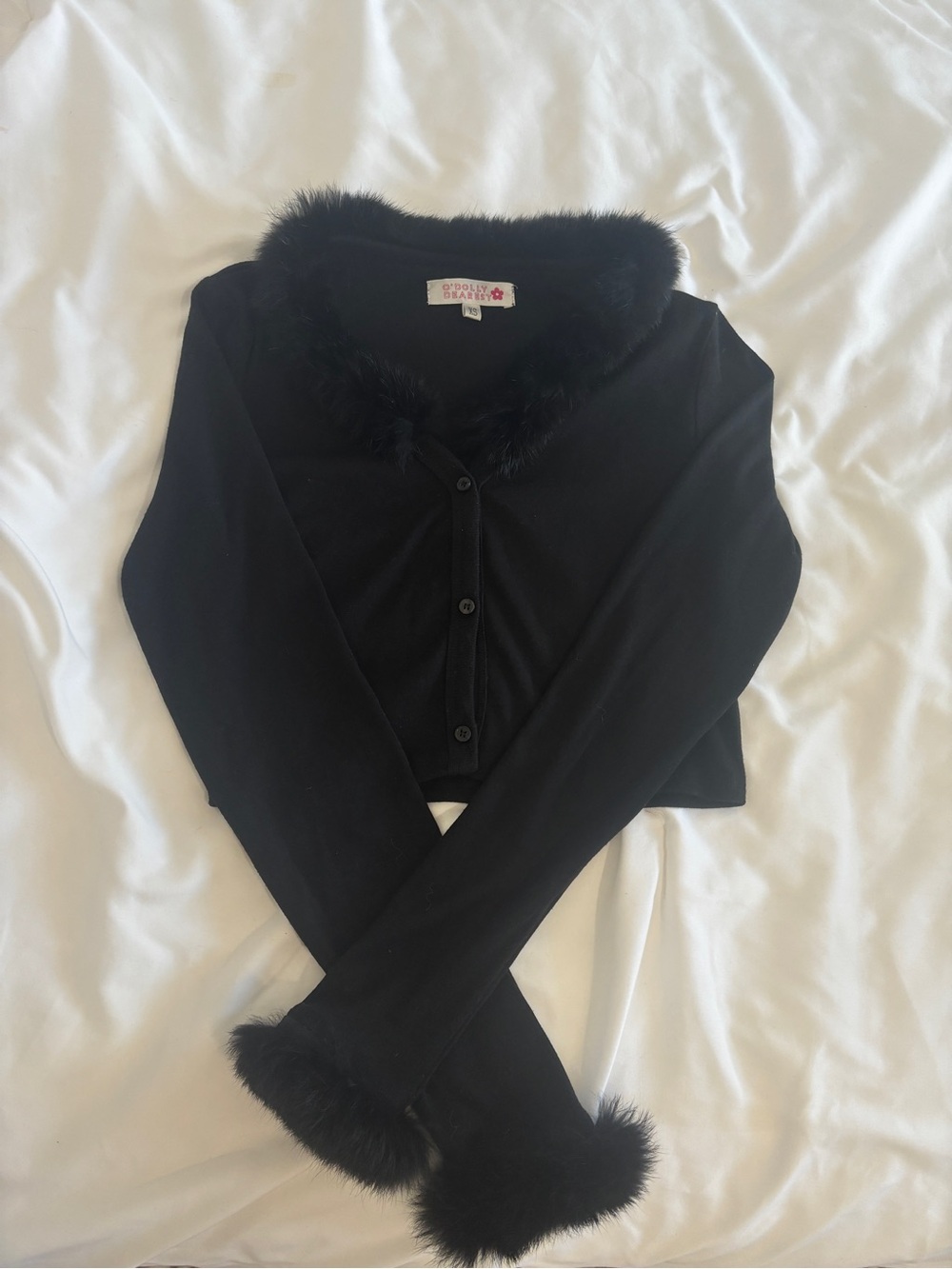 Black Faux-Fur Trim Cropped Cardigan